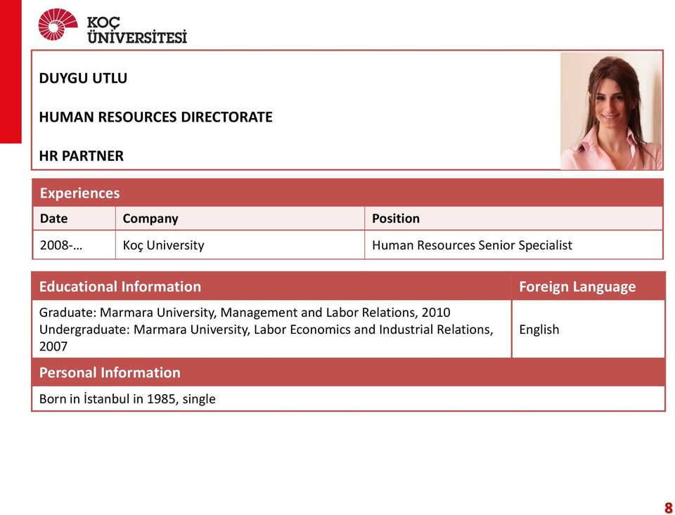 University, Management and Labor Relations, 2010 Undergraduate: Marmara University, Labor