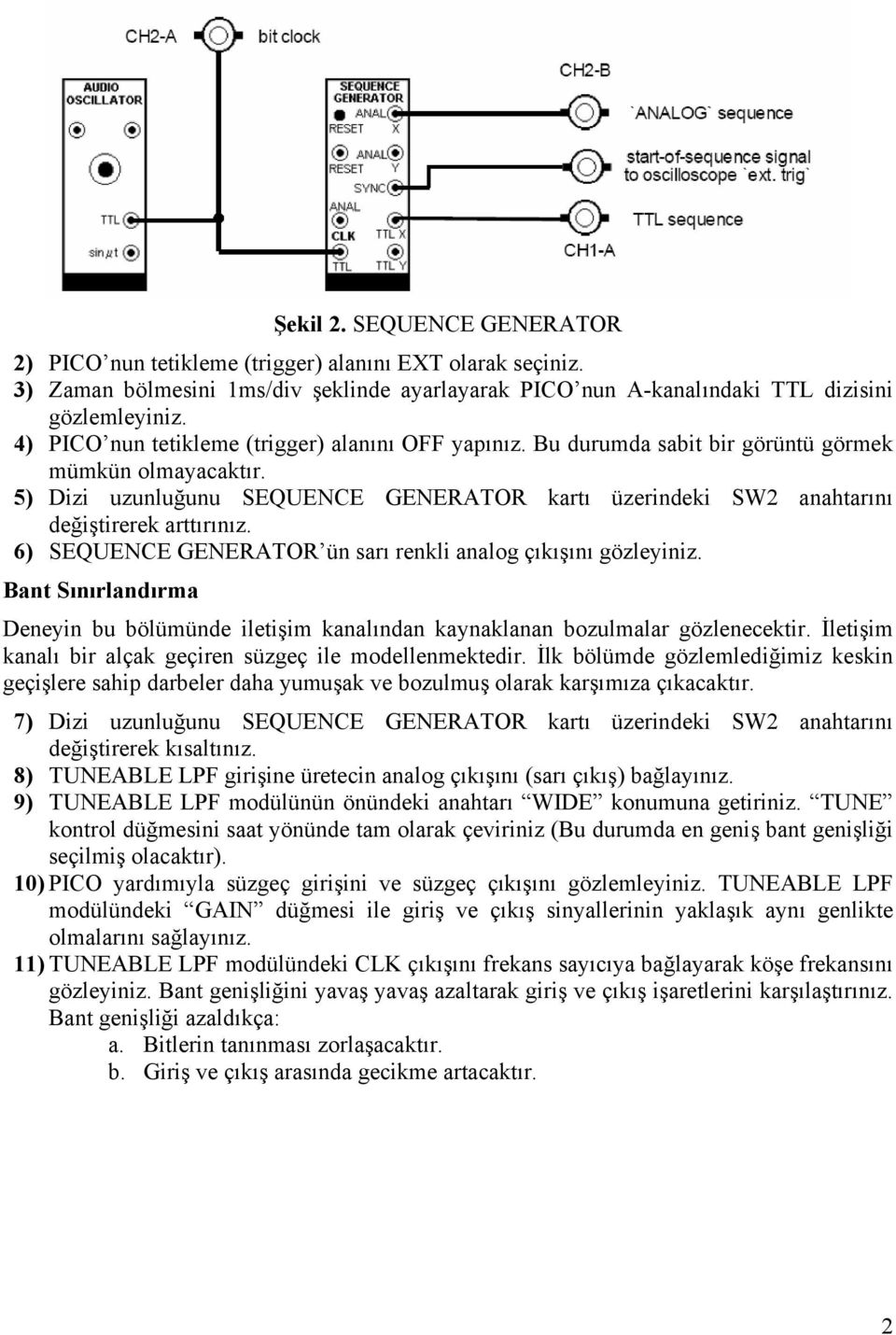 5) Dizi uzunluğunu SEQUENCE GENERATOR kartı üzerindeki SW2 anahtarını değiştirerek arttırınız. 6) SEQUENCE GENERATOR ün sarı renkli analog çıkışını gözleyiniz.