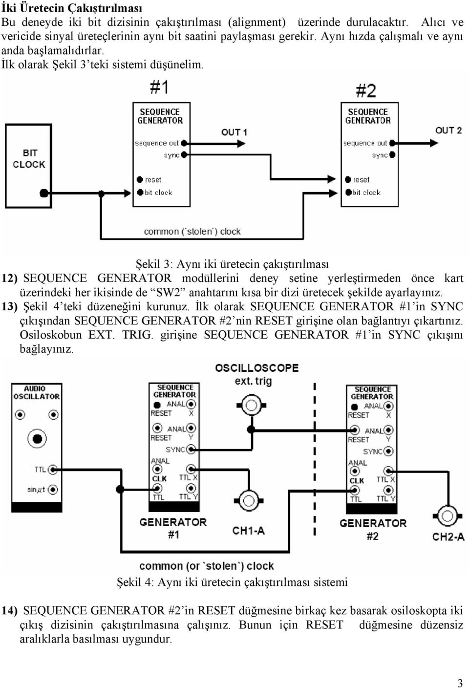 Şekil 3: Aynı iki üretecin çakıştırılması 12) SEQUENCE GENERATOR modüllerini deney setine yerleştirmeden önce kart üzerindeki her ikisinde de SW2 anahtarını kısa bir dizi üretecek şekilde ayarlayınız.