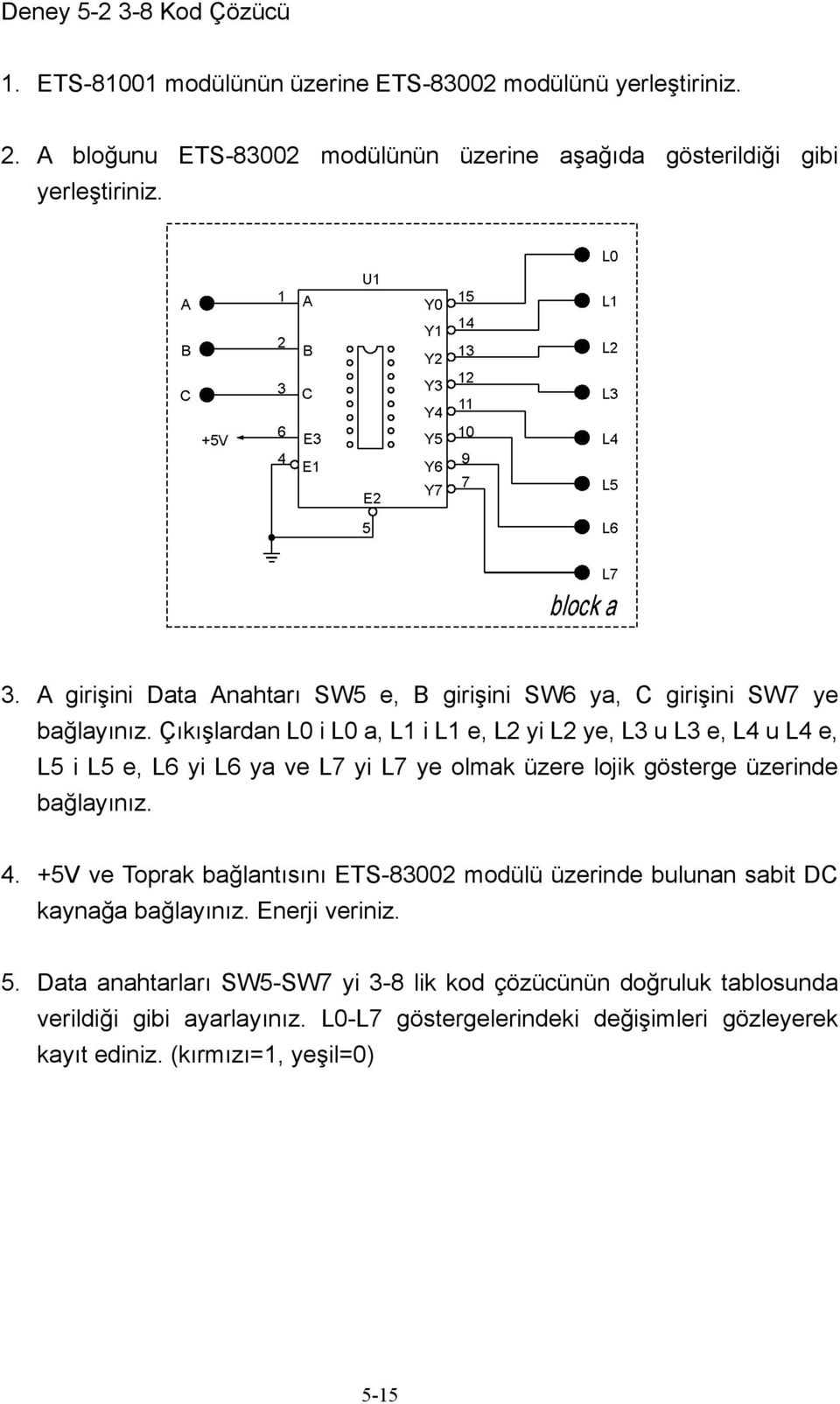 +5V ve Toprak bağlantısını ETS-83002 modülü üzerinde bulunan sabit DC kaynağa bağlayınız. Enerji veriniz. 5.