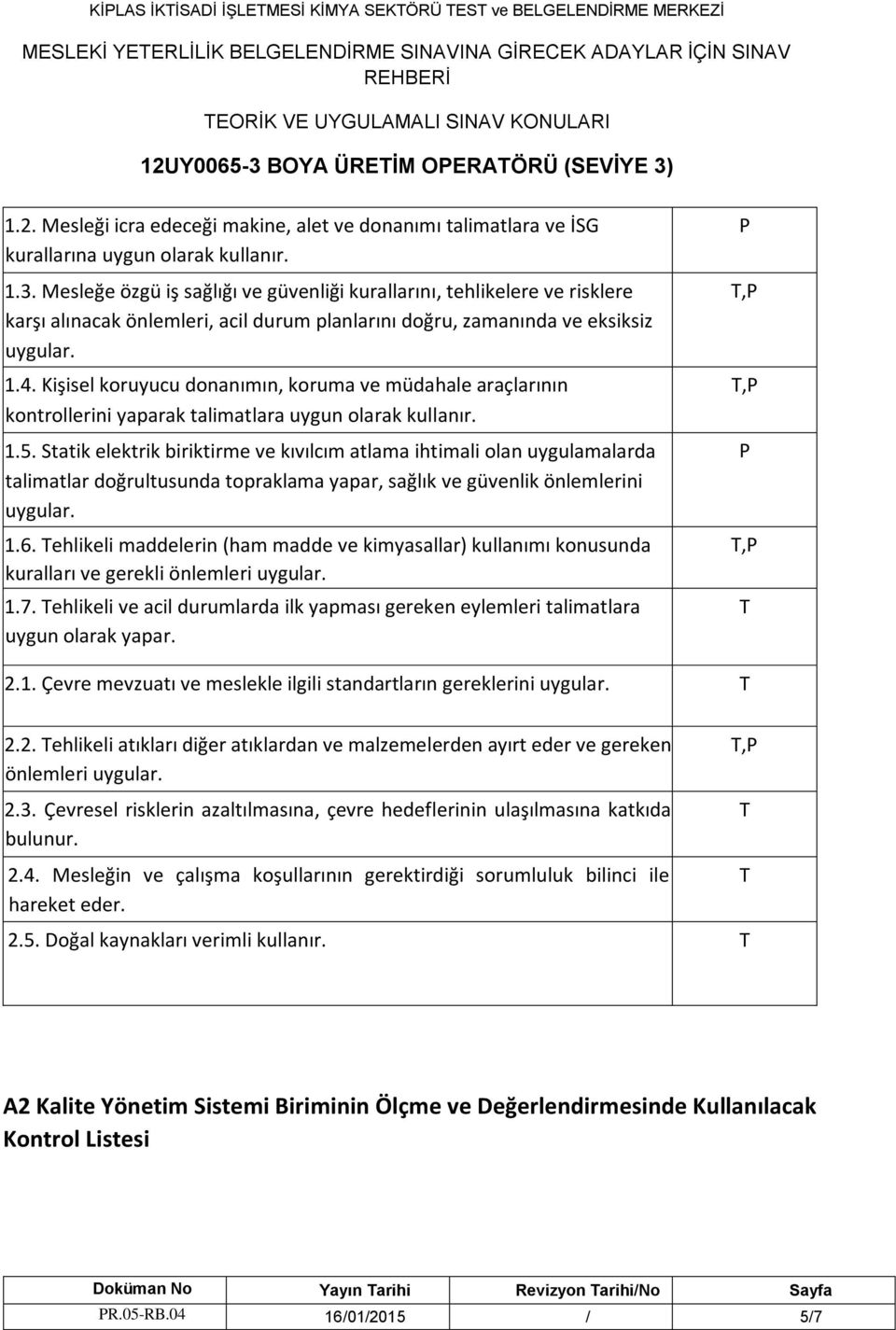 1.4. Kişisel koruyucu donanımın, koruma ve müdahale araçlarının kontrollerini yaparak talimatlara uygun olarak kullanır. 1.5.