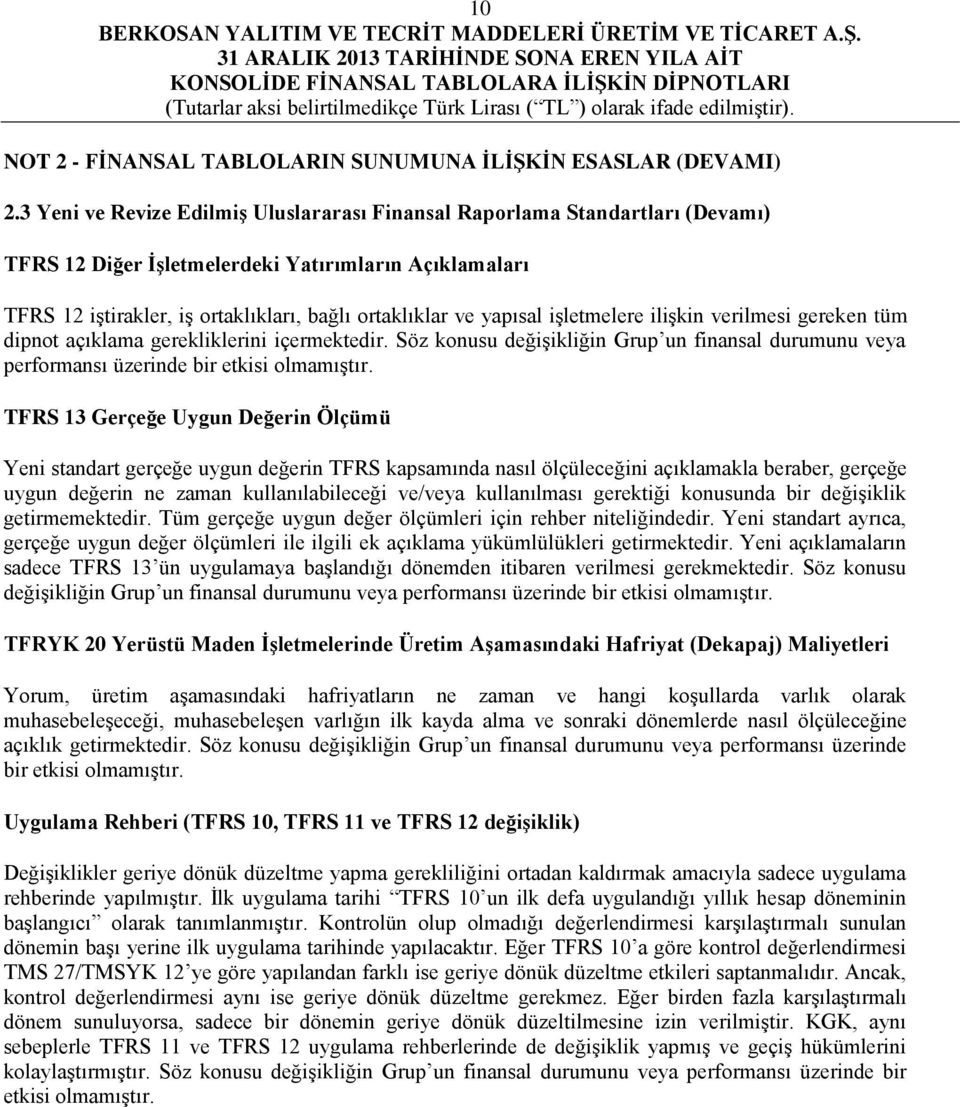 işletmelere ilişkin verilmesi gereken tüm dipnot açıklama gerekliklerini içermektedir. Söz konusu değişikliğin Grup un finansal durumunu veya performansı üzerinde bir etkisi olmamıştır.