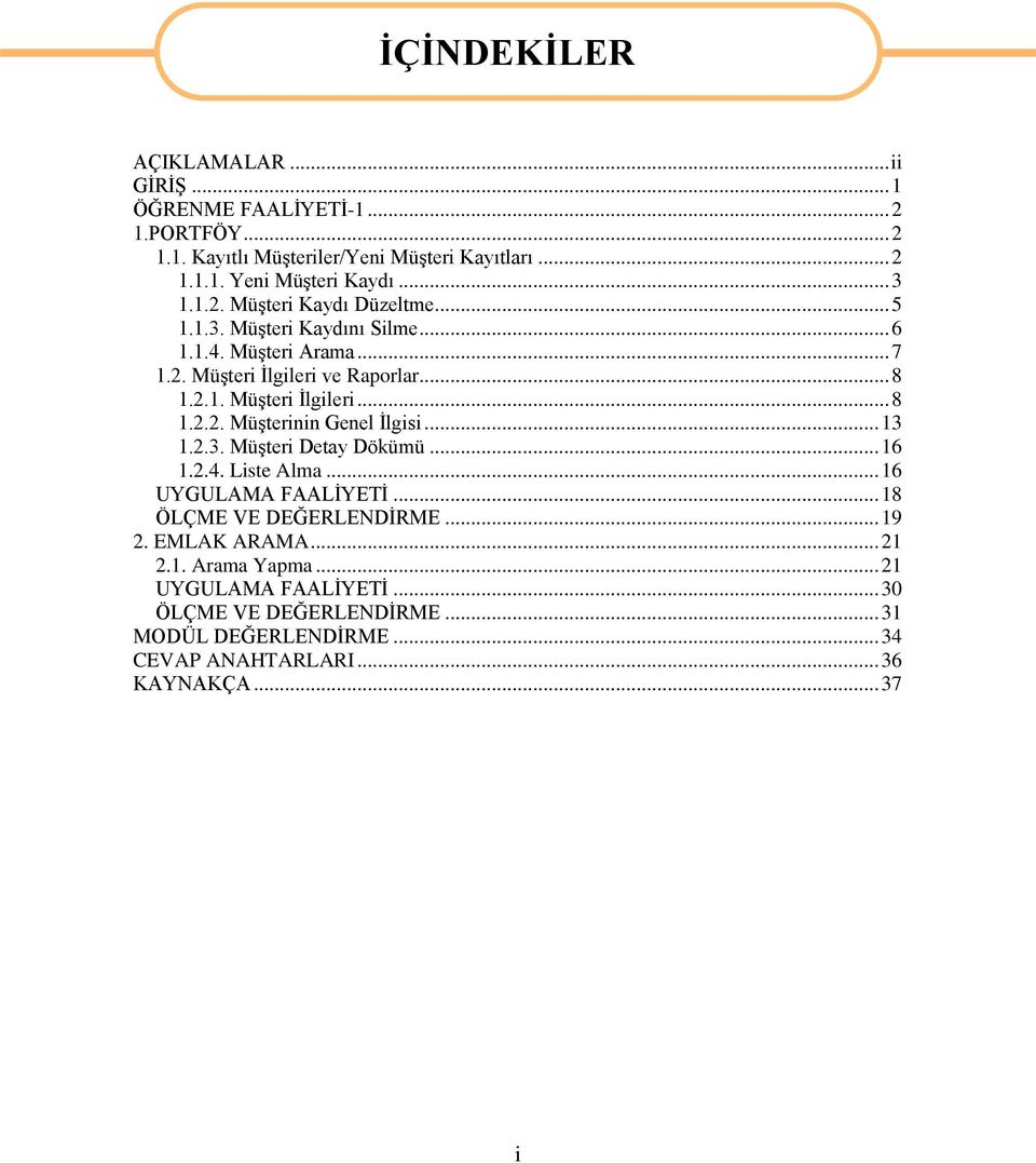 .. 13 1.2.3. MüĢteri Detay Dökümü... 16 1.2.4. Liste Alma... 16 UYGULAMA FAALĠYETĠ... 18 ÖLÇME VE DEĞERLENDĠRME... 19 2. EMLAK ARAMA... 21 2.1. Arama Yapma.