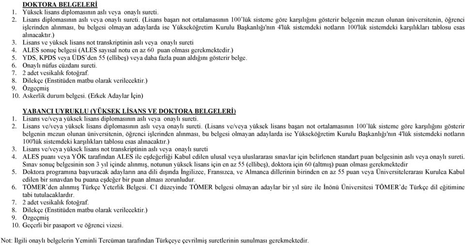 Başkanlığı'nın 4'lük sistemdeki notların 00'lük sistemdeki karşılıkları tablosu esas alınacaktır.). Lisans ve yüksek lisans not transkriptinin aslı veya onaylı sureti 4.