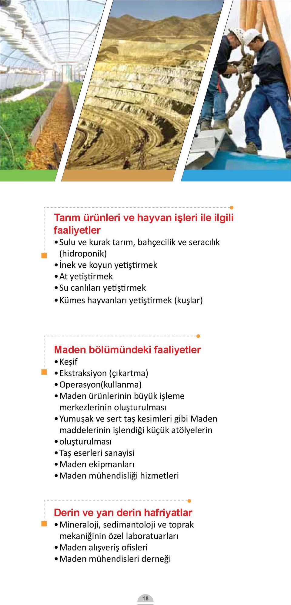 merkezlerinin oluşturulması Yumuşak ve sert taş kesimleri gibi Maden maddelerinin işlendiği küçük atölyelerin oluşturulması Taş eserleri sanayisi Maden ekipmanları