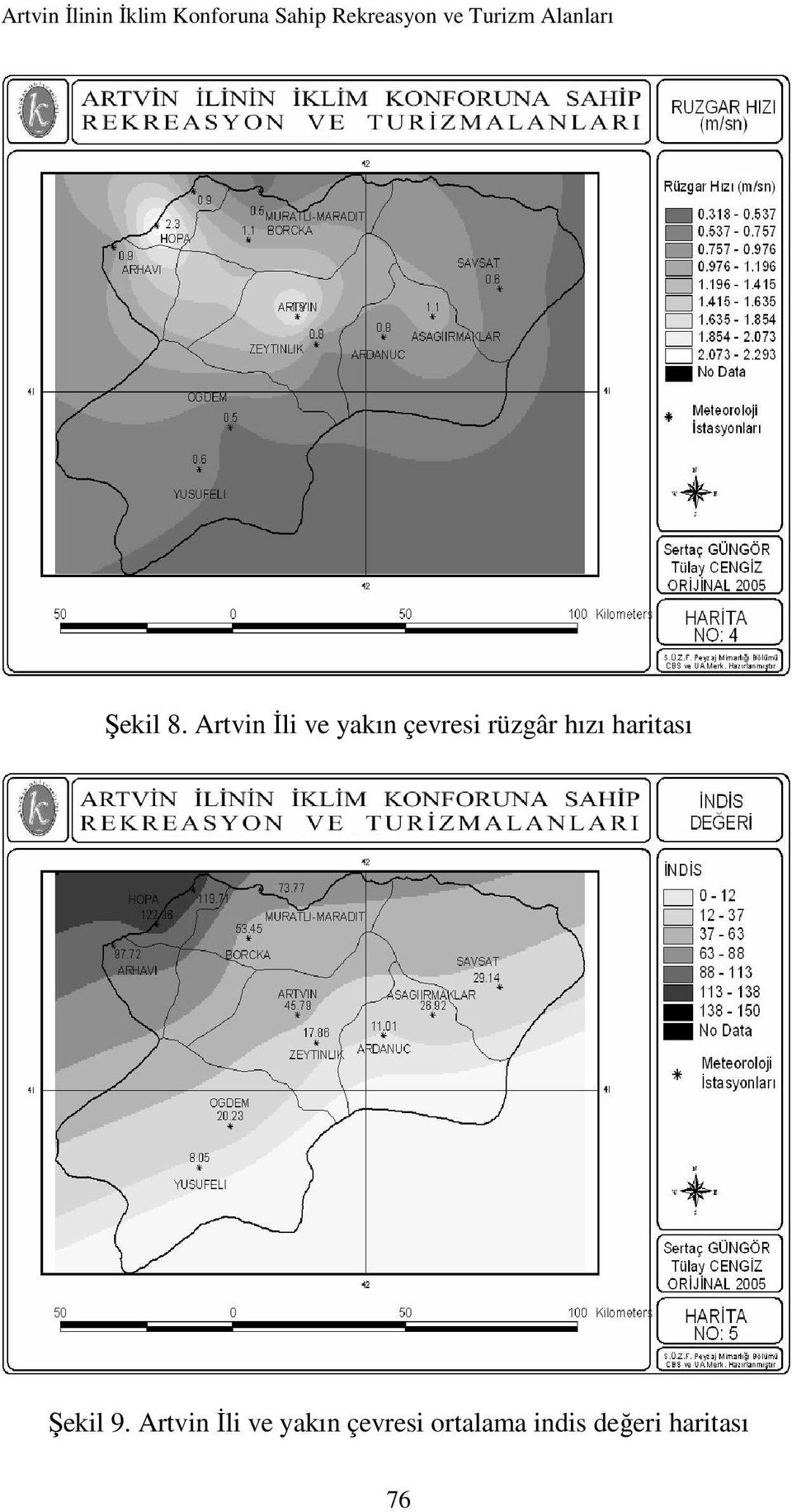 Artvin İli ve yakın çevresi rüzgâr hızı haritası