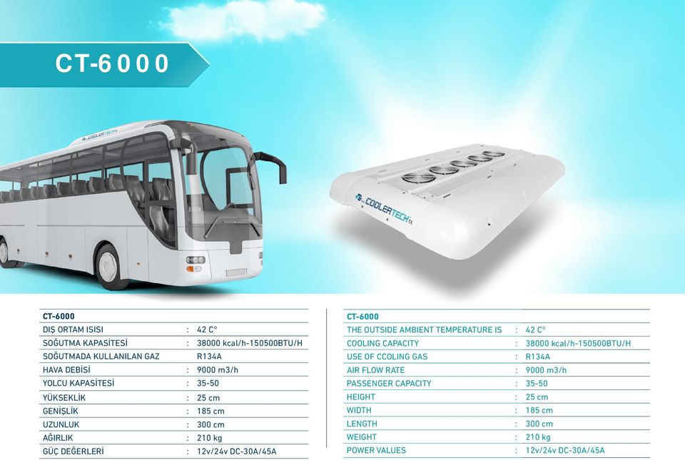 CT-6000 THE OUTSIDE AMBIENT TEMPERATURE IS : 42 C COOLING CAPACITY : 38000 kcal/h-150500btu/h USE OF CCOLING GAS : R134A AIR FLOW RATE