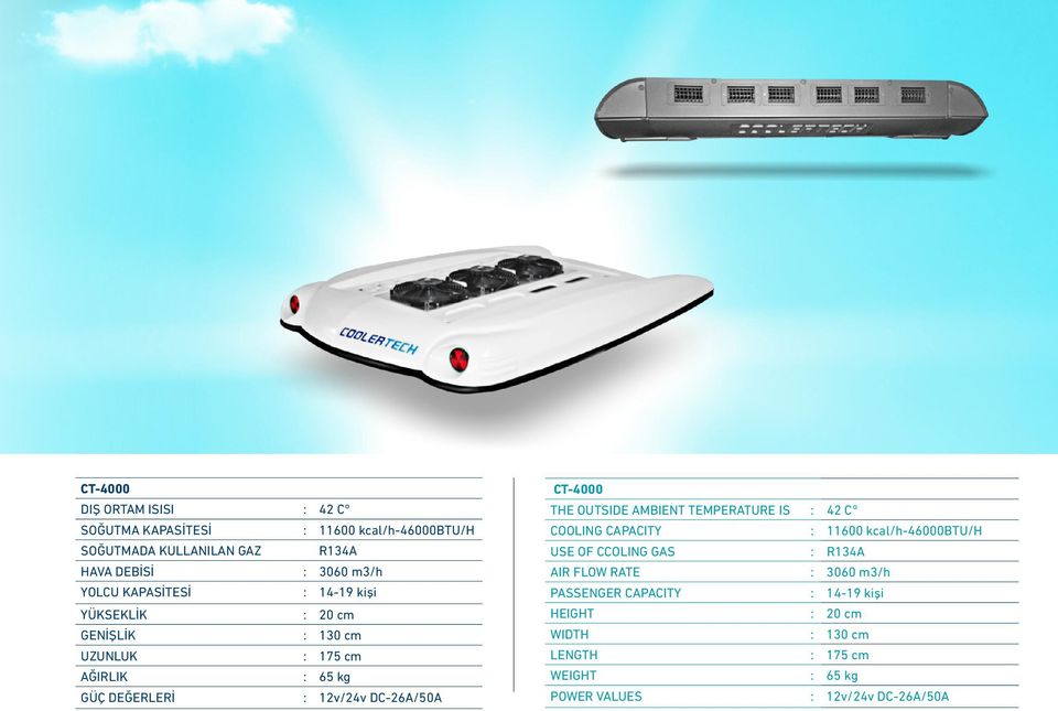 CT-4000 THE OUTSIDE AMBIENT TEMPERATURE IS : 42 C COOLING CAPACITY : 11600 kcal/h-46000btu/h USE OF CCOLING GAS : R134A AIR FLOW RATE