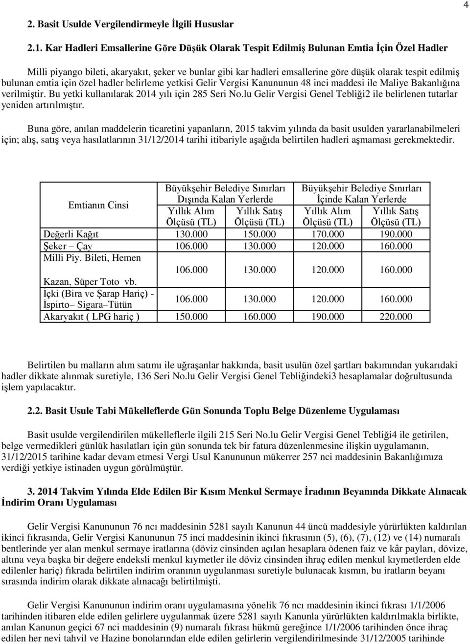 bulunan emtia için özel hadler belirleme yetkisi Gelir Vergisi Kanununun 48 inci maddesi ile Maliye Bakanlığına verilmiştir. Bu yetki kullanılarak 2014 yılı için 285 Seri No.