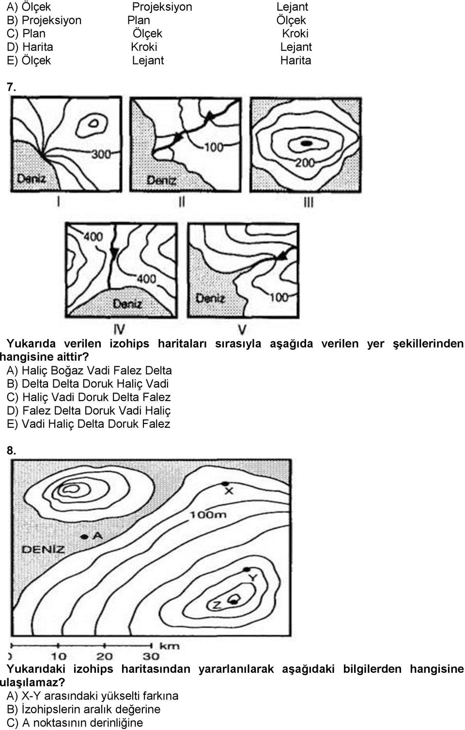 A) Haliç Boğaz Vadi Falez Delta B) Delta Delta Doruk Haliç Vadi C) Haliç Vadi Doruk Delta Falez D) Falez Delta Doruk Vadi Haliç E) Vadi Haliç