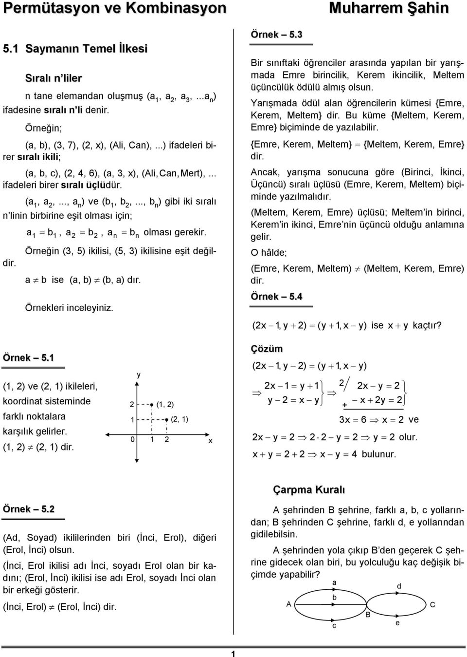 .., b n ) gibi iki sıralı n linin birbirine eşit olması için; Örneğin (3, 5) ikilisi, (5, 3) ikilisine eşit değildir. a 1 b1, a2 b2, an bn olması gerekir. a b ise (a, b) (b, a) dır.