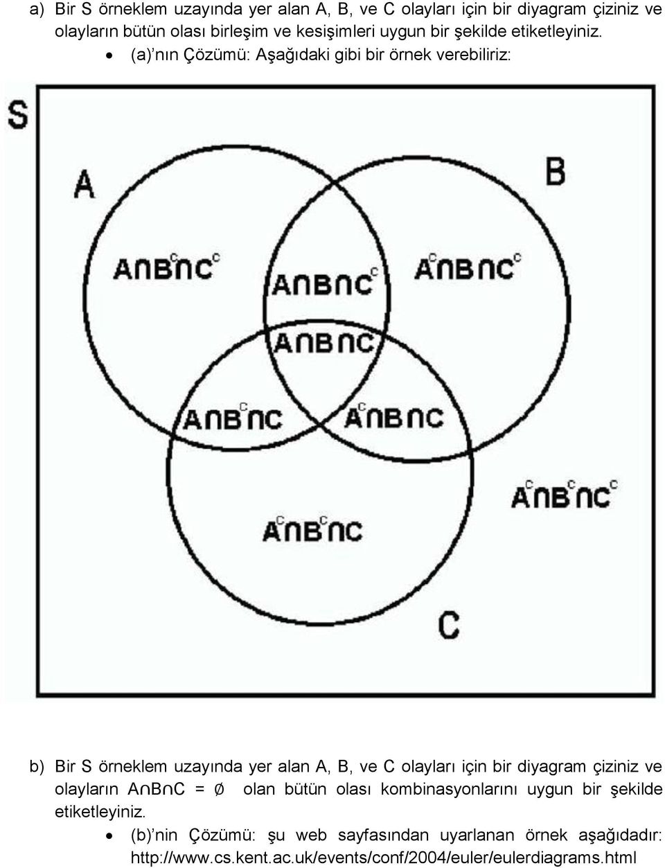 (a) nın Çözümü: Aşağıdaki gibi bir örnek verebiliriz: b) Bir S örneklem uzayında yer alan A, B, ve C olayları için bir diyagram