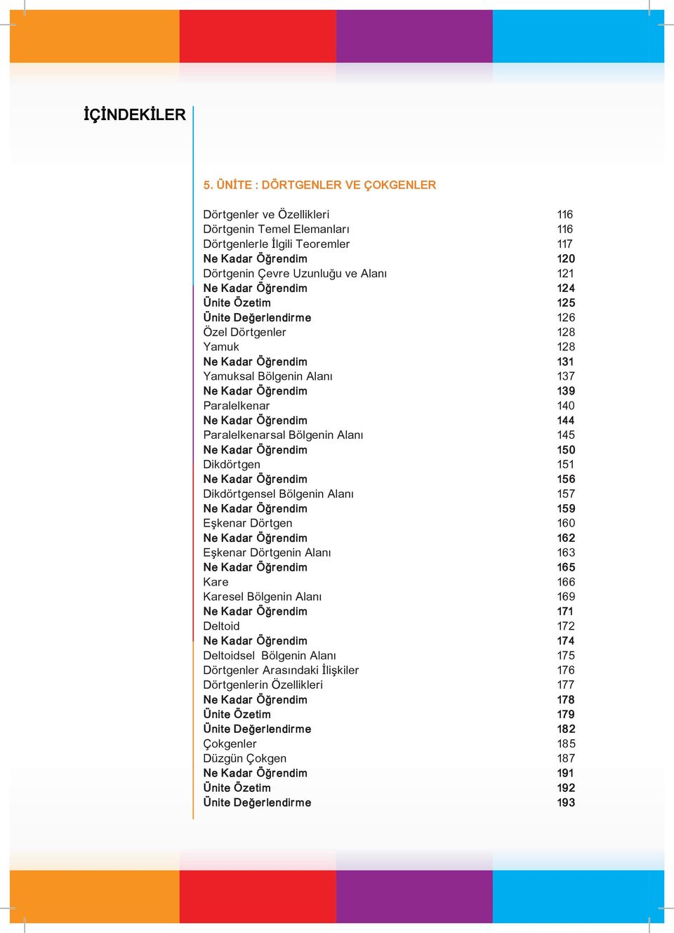 Paralelkenarsal Bölgenin Alanı 145 Ne Kadar Öğrendim 150 Dikdörtgen 151 Ne Kadar Öğrendim 156 Dikdörtgensel Bölgenin Alanı 157 Ne Kadar Öğrendim 159 Eşkenar Dörtgen 160 Ne Kadar Öğrendim 162 Eşkenar