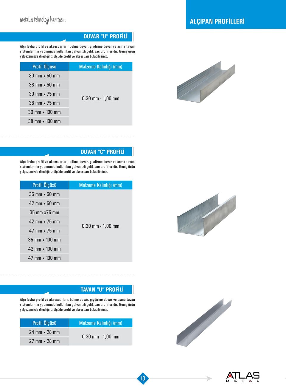 Profil Ölçüsü 30 mm x 50 mm 38 mm x 50 mm 30 mm x 75 mm 38 mm x 75 mm 30 mm x 100 mm 38 mm x 100 mm Malzeme Kalınlığı (mm) 0,30 mm - 1,00 mm DUVR C PROFİLİ lçı levha profil ve aksesuarları; bölme