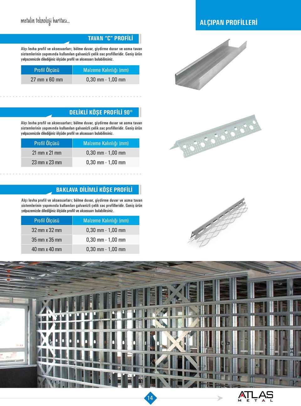 Profil Ölçüsü Malzeme Kalınlığı (mm) 27 mm x 60 mm 0,30 mm - 1,00 mm DELIKLI KÖŞE PROFILI 90 lçı levha profil ve aksesuarları; bölme duvar, giydirme duvar ve asma tavan sistemlerinin yapımında