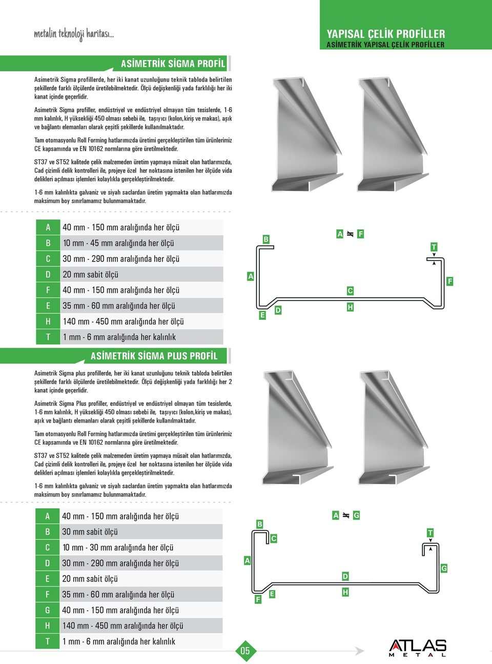 simetrik Sigma profiller, endüstriyel ve endüstriyel olmayan tüm tesislerde, 1-6 mm kalınlık, yüksekliği 450 olması sebebi ile, taşıyıcı (kolon,kiriş ve makas), aşık ve bağlantı elemanları olarak