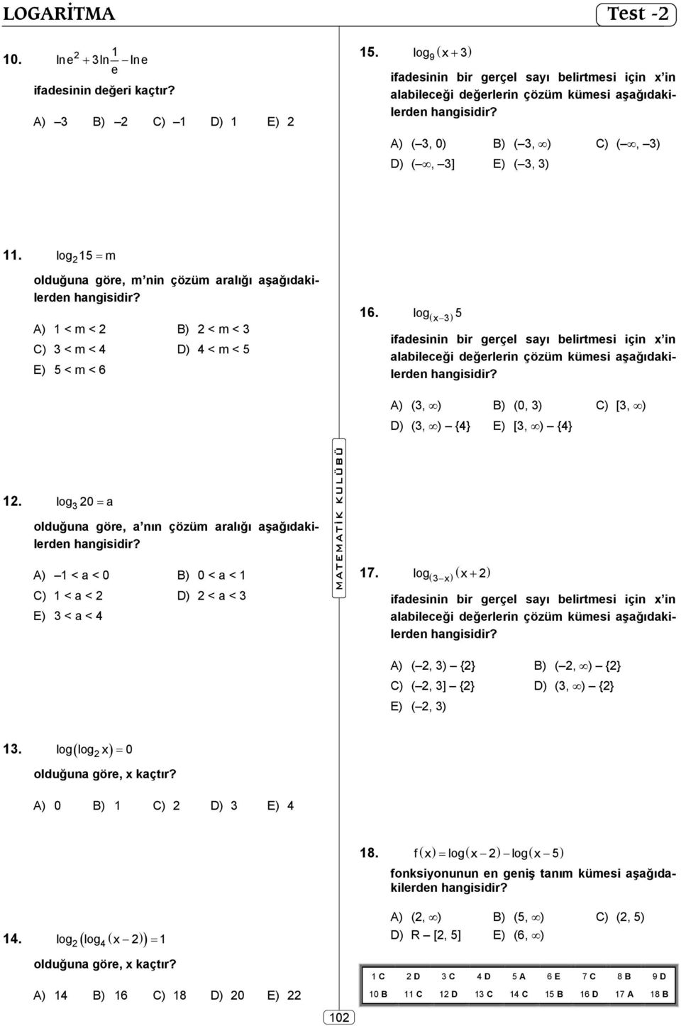 log ifdesinin ir gerçel syı elirtmesi için in lileceği değerlerin çözüm kümesi şğıdkilerden (, ) (0, ) [, ) (, ) {} [, ) {}. log 0 olduğun göre, nın çözüm rlığı şğıdkilerden < < 0 0 < <.