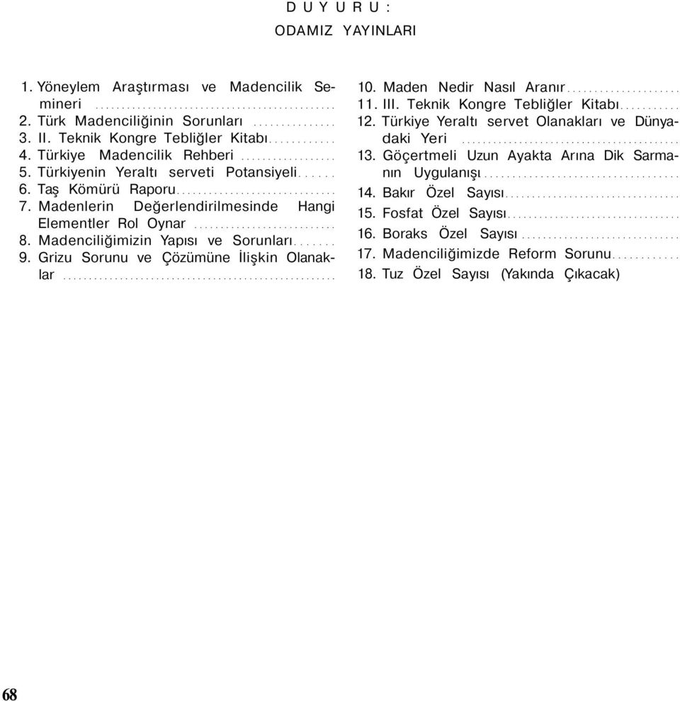 Madenciliğimizin Yapısı ve Sorunları 9. Grizu Sorunu ve Çözümüne İlişkin Olanaklar 10. Maden Nedir Nasıl Aranır 11. III. Teknik Kongre Tebliğler Kitabı 12.