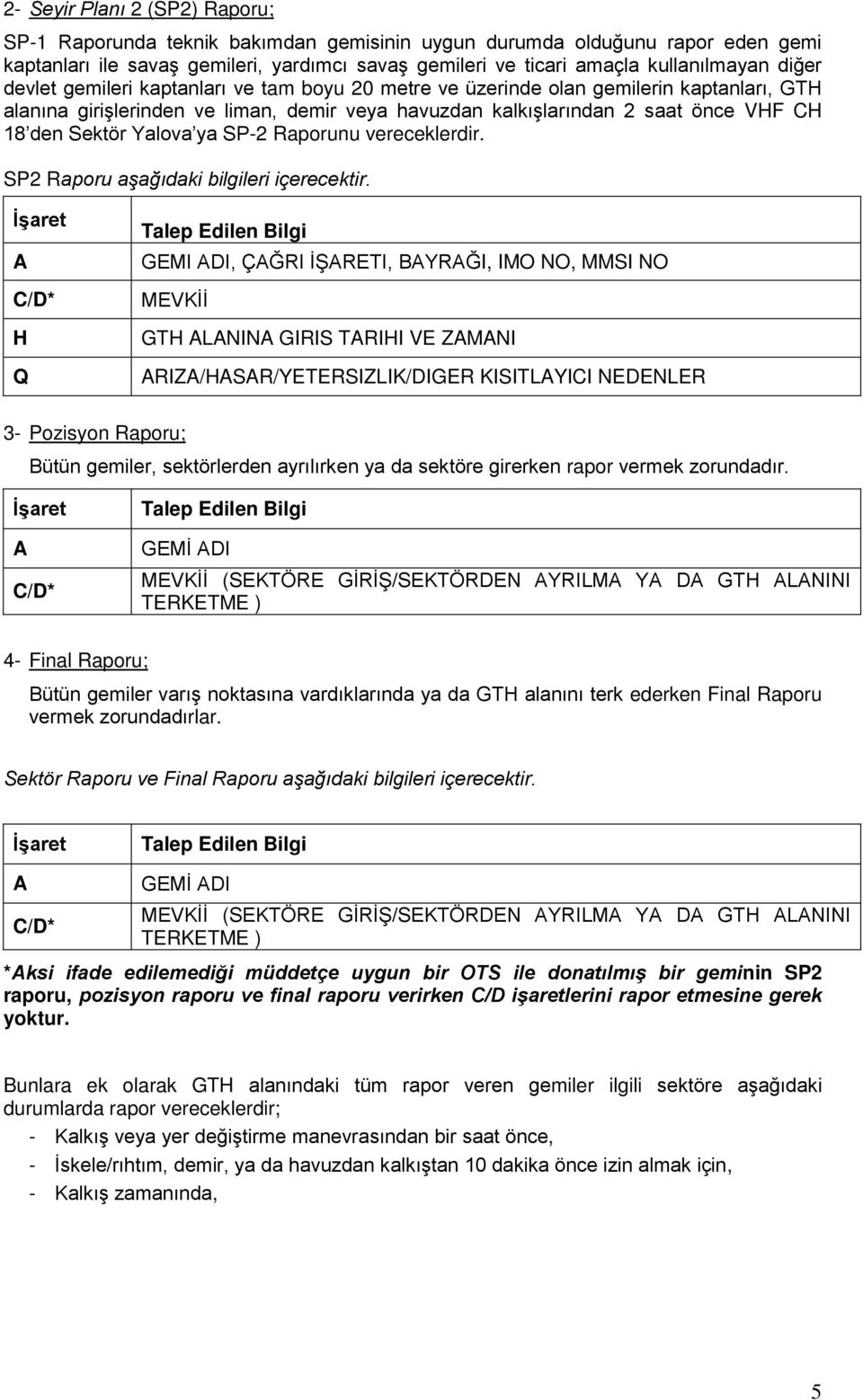 Yalova ya SP-2 Raporunu vereceklerdir. SP2 Raporu aşağıdaki bilgileri içerecektir.