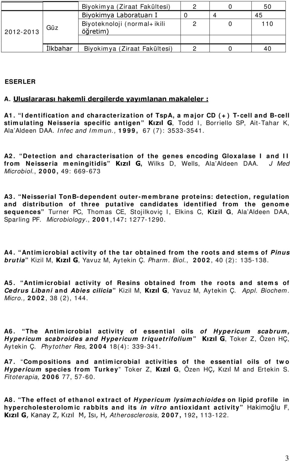 Identification and characterization of TspA, a major CD (+) T-cell and B-cell stimulating Neisseria specific antigen Kızıl G, Todd I, Borriello SP, Ait-Tahar K, Ala Aldeen DAA. Infec and Immun.