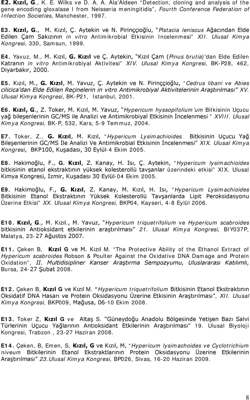 Aytekin ve N. Pirinççioğlu, Pistacia leniscus Ağacından Elde Edilen Çam Sakızının in vitro Antimikrobial Etkisinin Incelenmesi XII. Ulusal Kimya Kongresi, 330, Samsun, 1999. E4. Yavuz, M., M. Kızıl, G.