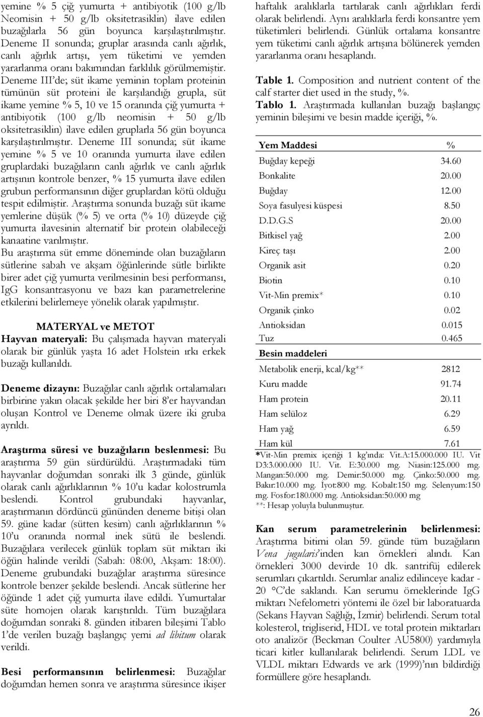 Deneme III de; süt ikame yeminin toplam proteinin tümünün süt proteini ile karşılandığı grupla, süt ikame yemine % 5, 10 ve 15 oranında çiğ yumurta + antibiyotik (100 g/lb neomisin + 50 g/lb