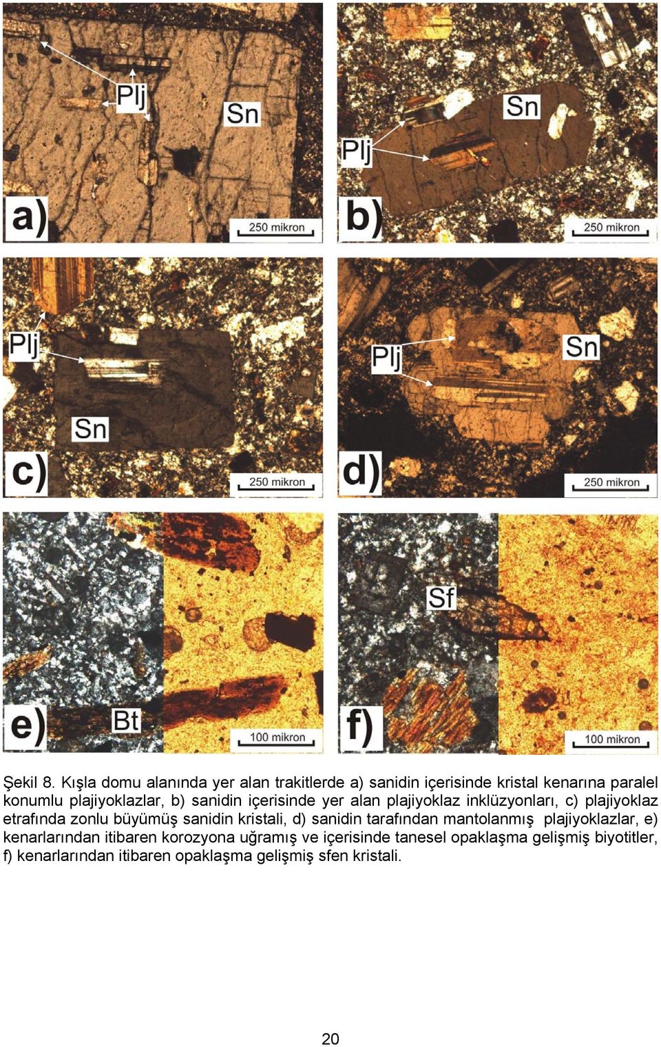 b) sanidin içerisinde yer alan plajiyoklaz inklüzyonları, c) plajiyoklaz etrafında zonlu büyümüş sanidin