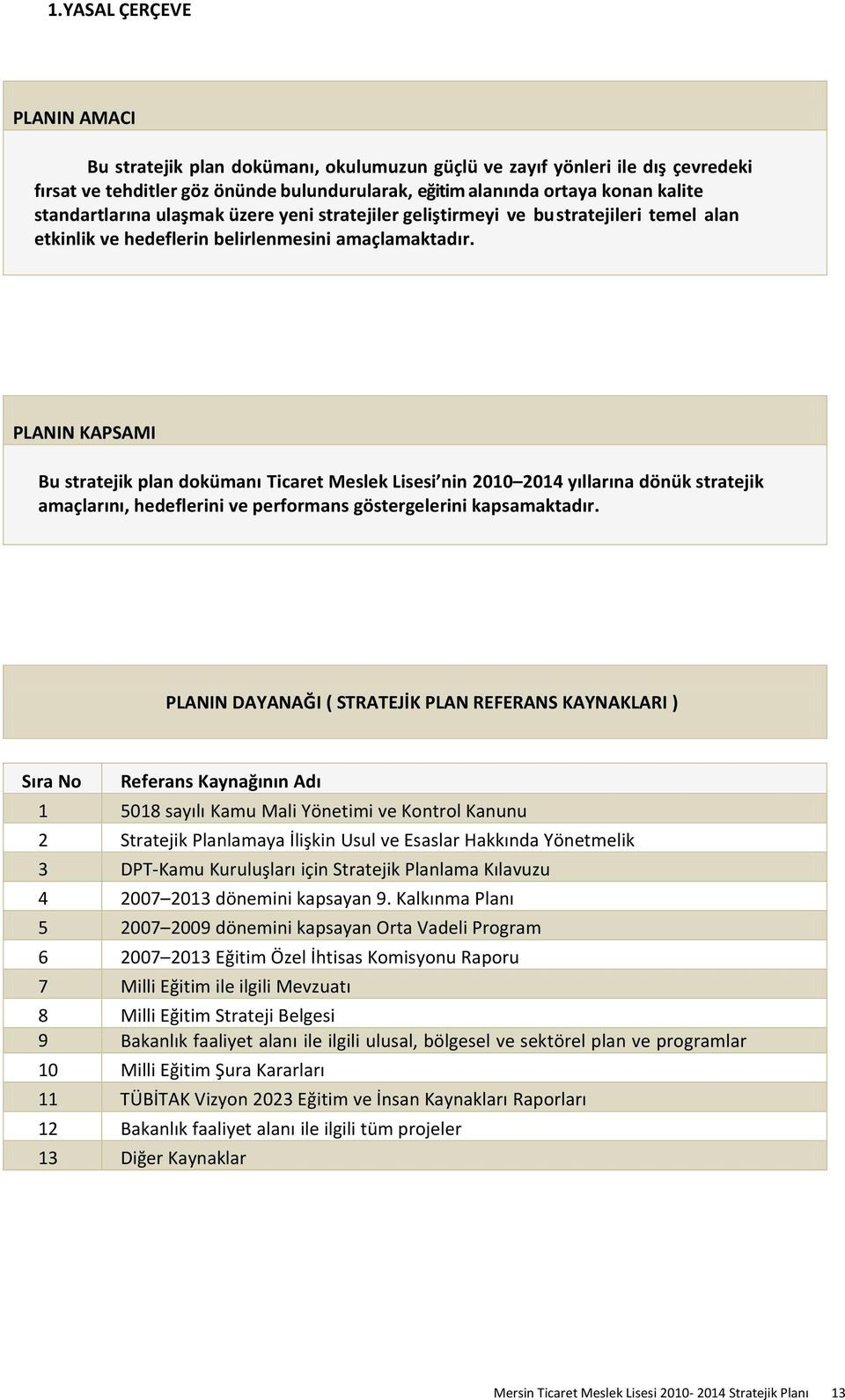 PLANIN KAPSAMI Bu stratejik plan dokümanı Ticaret Meslek Lisesi nin 2010 2014 yıllarına dönük stratejik amaçlarını, hedeflerini ve performans göstergelerini kapsamaktadır.