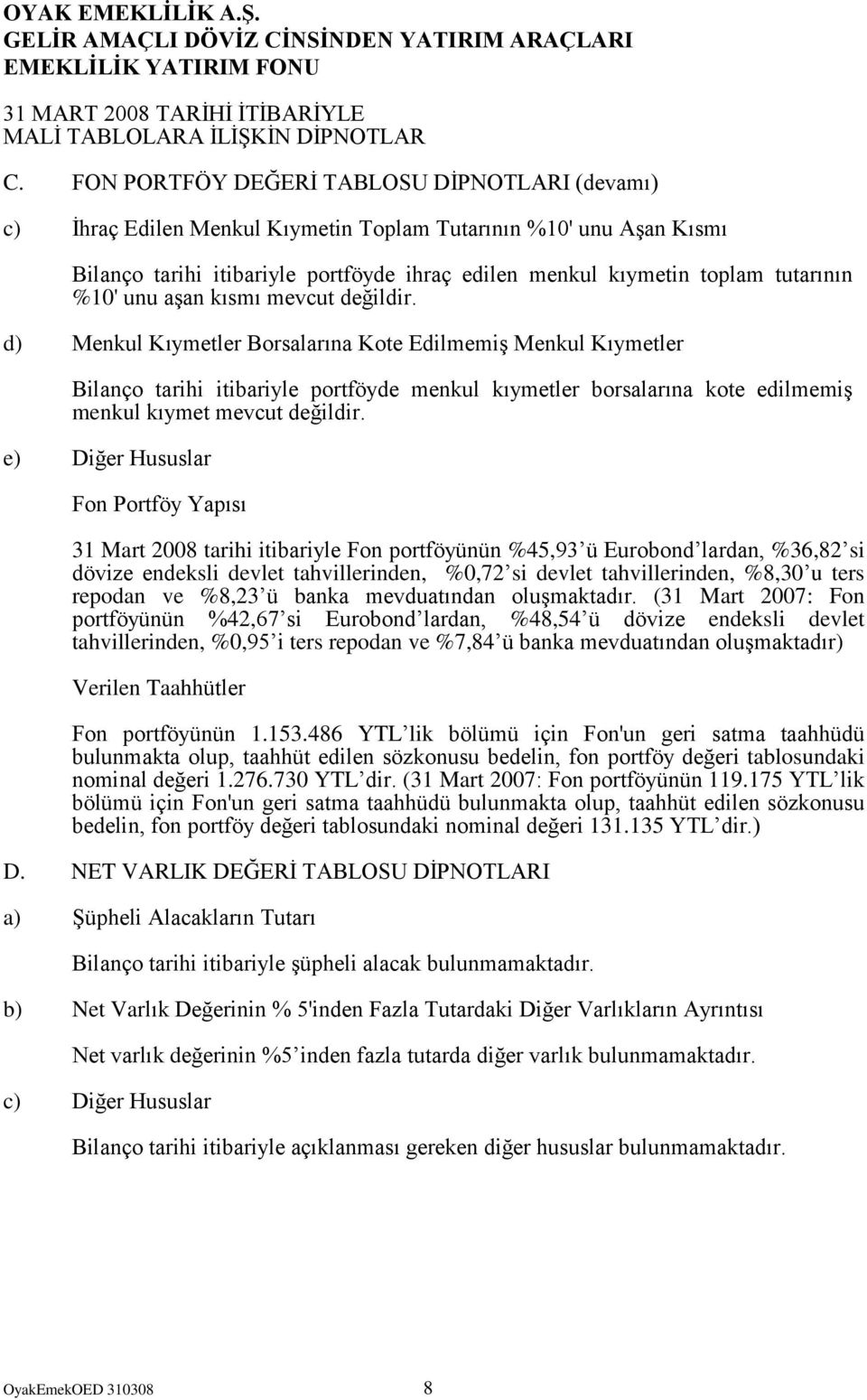 d) Menkul Kıymetler Borsalarına Kote EdilmemiĢ Menkul Kıymetler Bilanço tarihi itibariyle portföyde menkul kıymetler borsalarına kote edilmemiģ menkul kıymet mevcut değildir.