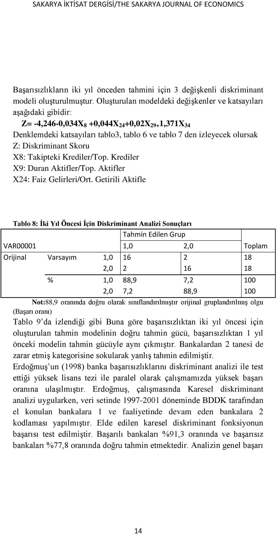 Diskriminant Skoru X8: Takipteki Krediler/Top. Krediler X9: Duran Aktifler/Top. Aktifler X24: Faiz Gelirleri/Ort.