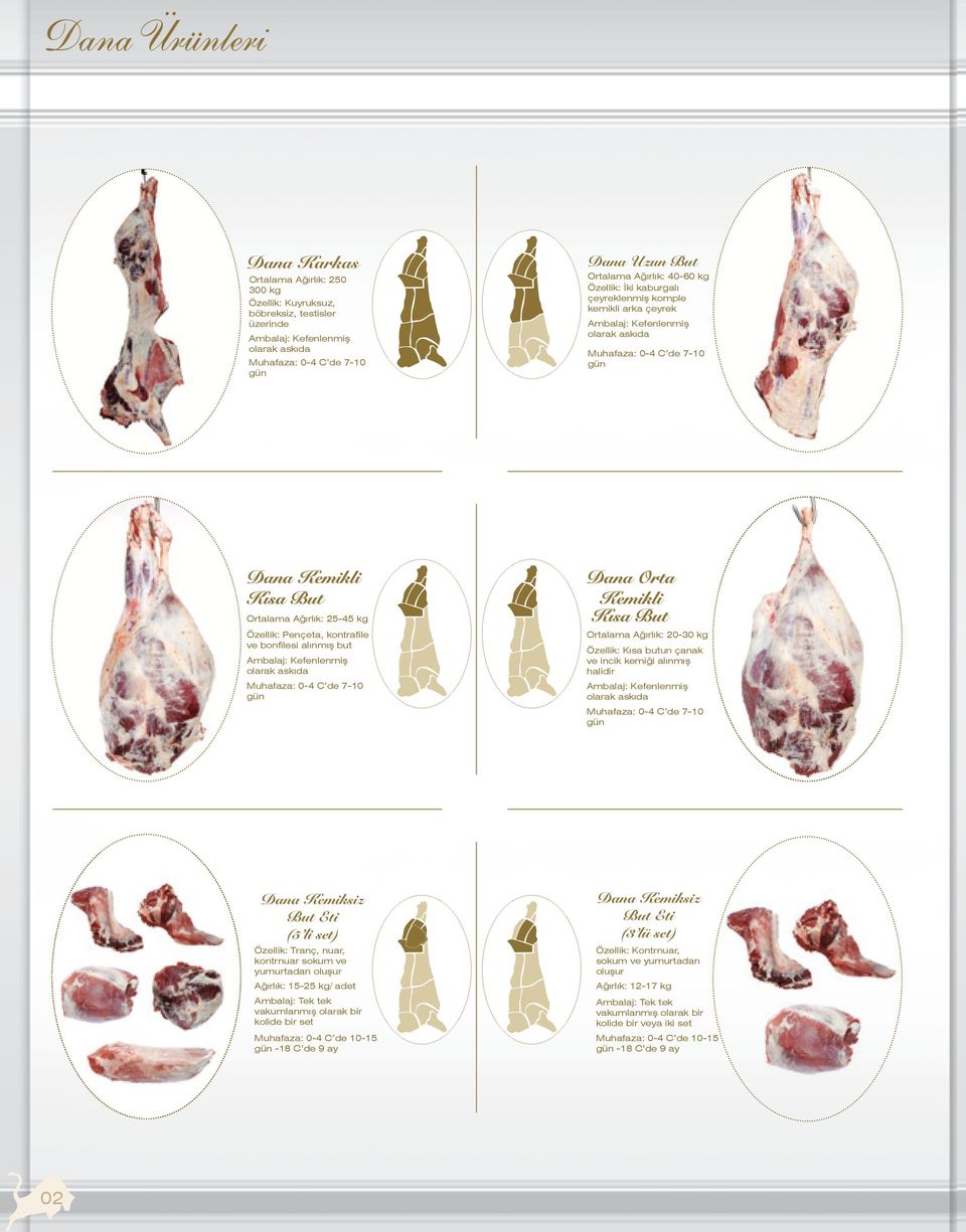bonfilesi alınmış but Ambalaj: Kefenlenmiş olarak askıda Muhafaza: 0-4 C de 7-10 gün Ortalama Ağırlık: 20-30 kg Özellik: Kısa butun çanak ve incik kemiği alınmış halidir Ambalaj: Kefenlenmiş olarak