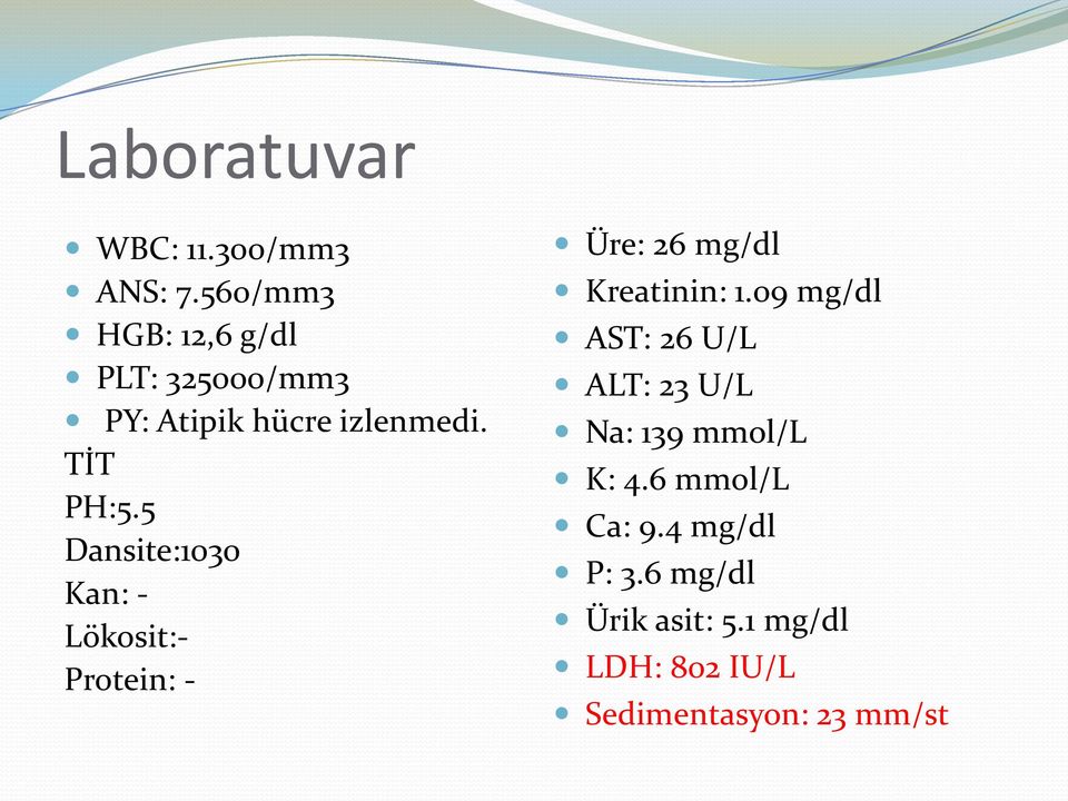 5 Dansite:1030 Kan: Lökosit:Protein: Üre: 26 mg/dl Kreatinin: 1.