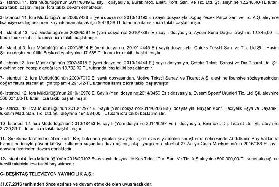aleyhine lisansiye sözleşmesinden kaynaklanan alacak için 9.478,38 TL tutarında ilamsız icra takibi başlatılmıştır. 4- İstanbul 13. İcra Müdürlüğü nün 2006/9261 E (yeni dosya no: 2010/7887 E.