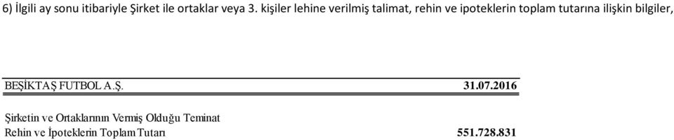 tutarına ilişkin bilgiler, BEŞİKTAŞ FUTBOL A.Ş. 31.07.