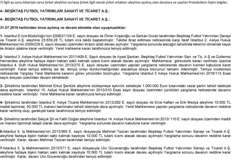 İcra Müdürlüğü nün 2008/21129 E. sayılı dosyası ile Ömer Avşaroğlu ve Serkan Duran tarafından Beşiktaş Futbol Yatırımları Sanayi ve Ticaret A.Ş. aleyhine 23.