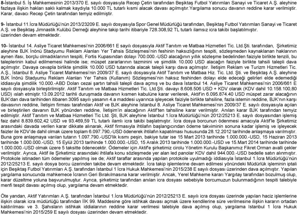 İcra Müdürlüğü nün 2013/23209 E. sayılı dosyasıyla Spor Genel Müdürlüğü tarafından, Beşiktaş Futbol Yatırımları Sanayi ve Ticaret A.Ş.