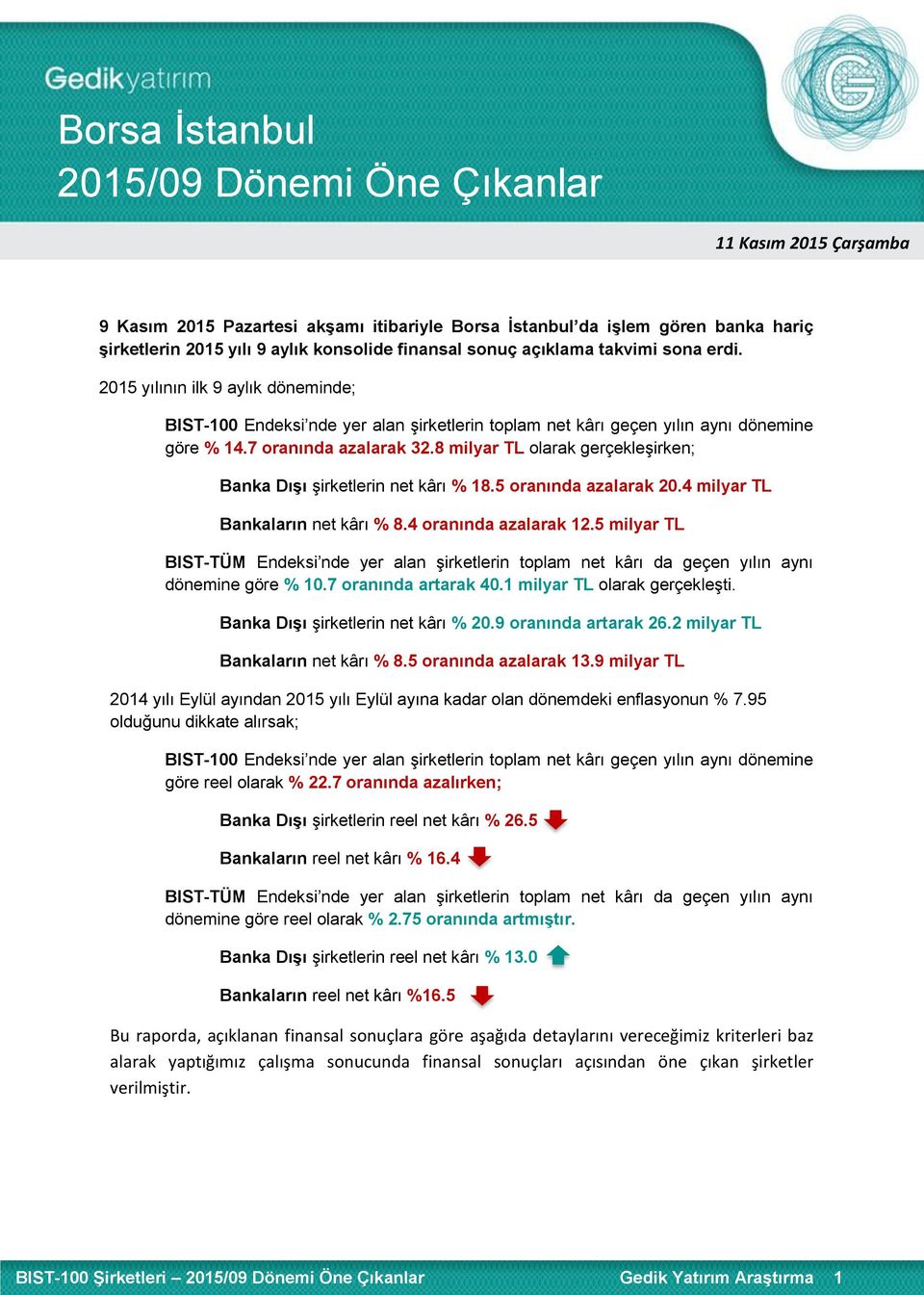 8 milyar TL olarak gerçekleşirken; Banka Dışı şirketlerin net kârı % 18.5 oranında azalarak 20.4 milyar TL Bankaların net kârı % 8.4 oranında azalarak 12.