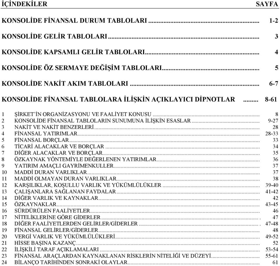 .. 28 4 FİNANSAL YATIRIMLAR... 28-33 5 FİNANSAL BORÇLAR... 33 6 TİCARİ ALACAKLAR VE BORÇLAR... 34 7 DİĞER ALACAKLAR VE BORÇLAR... 35 8 ÖZKAYNAK YÖNTEMİYLE DEĞERLENEN YATIRIMLAR.