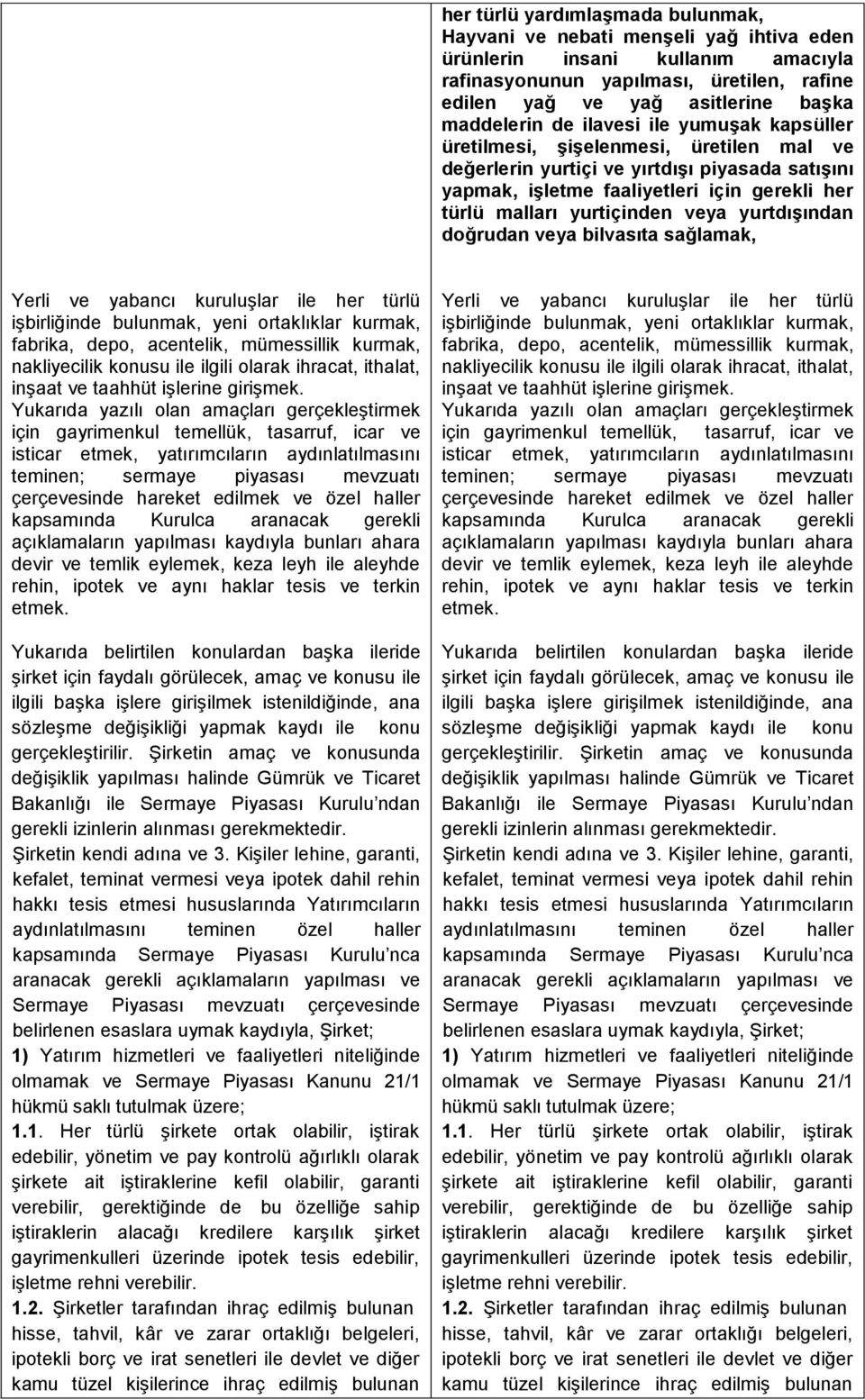 yurtdışından doğrudan veya bilvasıta sağlamak, Yerli ve yabancı kuruluşlar ile her türlü işbirliğinde bulunmak, yeni ortaklıklar kurmak, fabrika, depo, acentelik, mümessillik kurmak, nakliyecilik