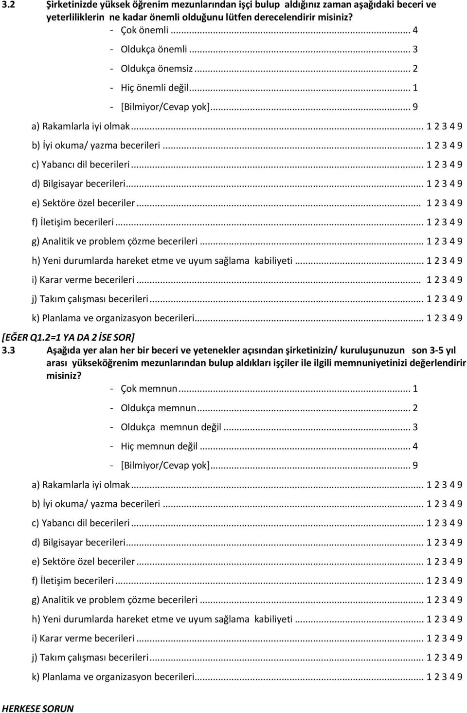 .. 1 2 3 4 9 e) Sektöre özel beceriler... 1 2 3 4 9 f) İletişim becerileri... 1 2 3 4 9 g) Analitik ve problem çözme becerileri... 1 2 3 4 9 h) Yeni durumlarda hareket etme ve uyum sağlama kabiliyeti.