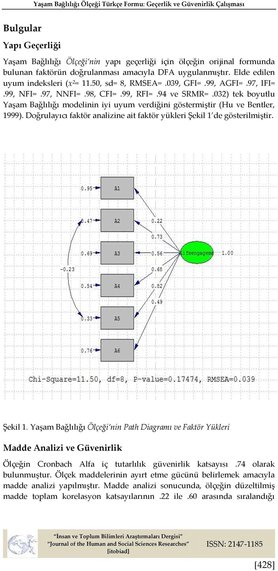 032) tek boyutlu Yaşam Bağlılığı modelinin iyi uyum verdiğini göstermiştir (Hu ve Bentler, 1999). Doğrulayıcı faktör analizine ait faktör yükleri Şekil 1 