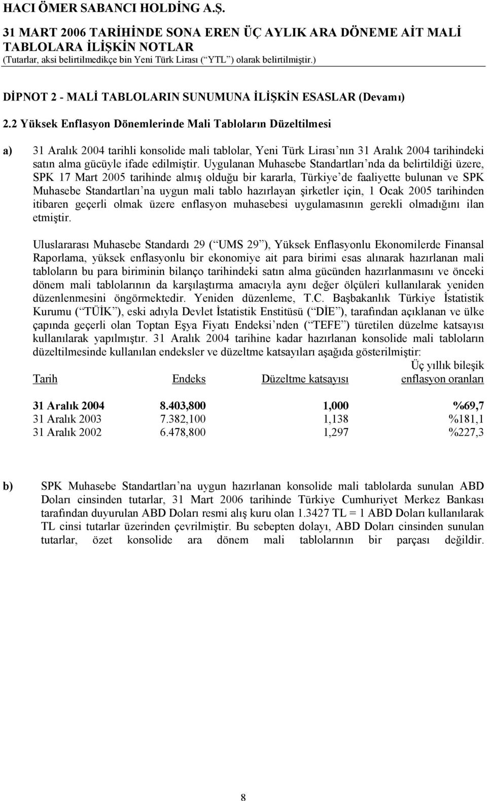 Uygulanan Muhasebe Standartları nda da belirtildiği üzere, SPK 17 Mart 2005 tarihinde almış olduğu bir kararla, Türkiye de faaliyette bulunan ve SPK Muhasebe Standartları na uygun mali tablo
