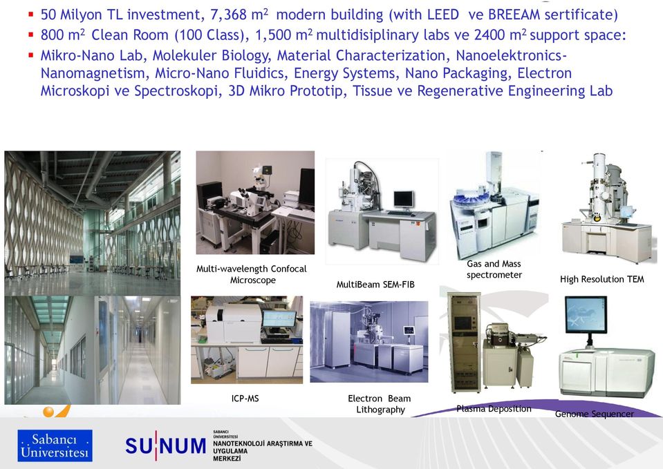 Energy Systems, Nano Packaging, Electron Microskopi ve Spectroskopi, 3D Mikro Prototip, Tissue ve Regenerative Engineering Lab Multi-wavelength