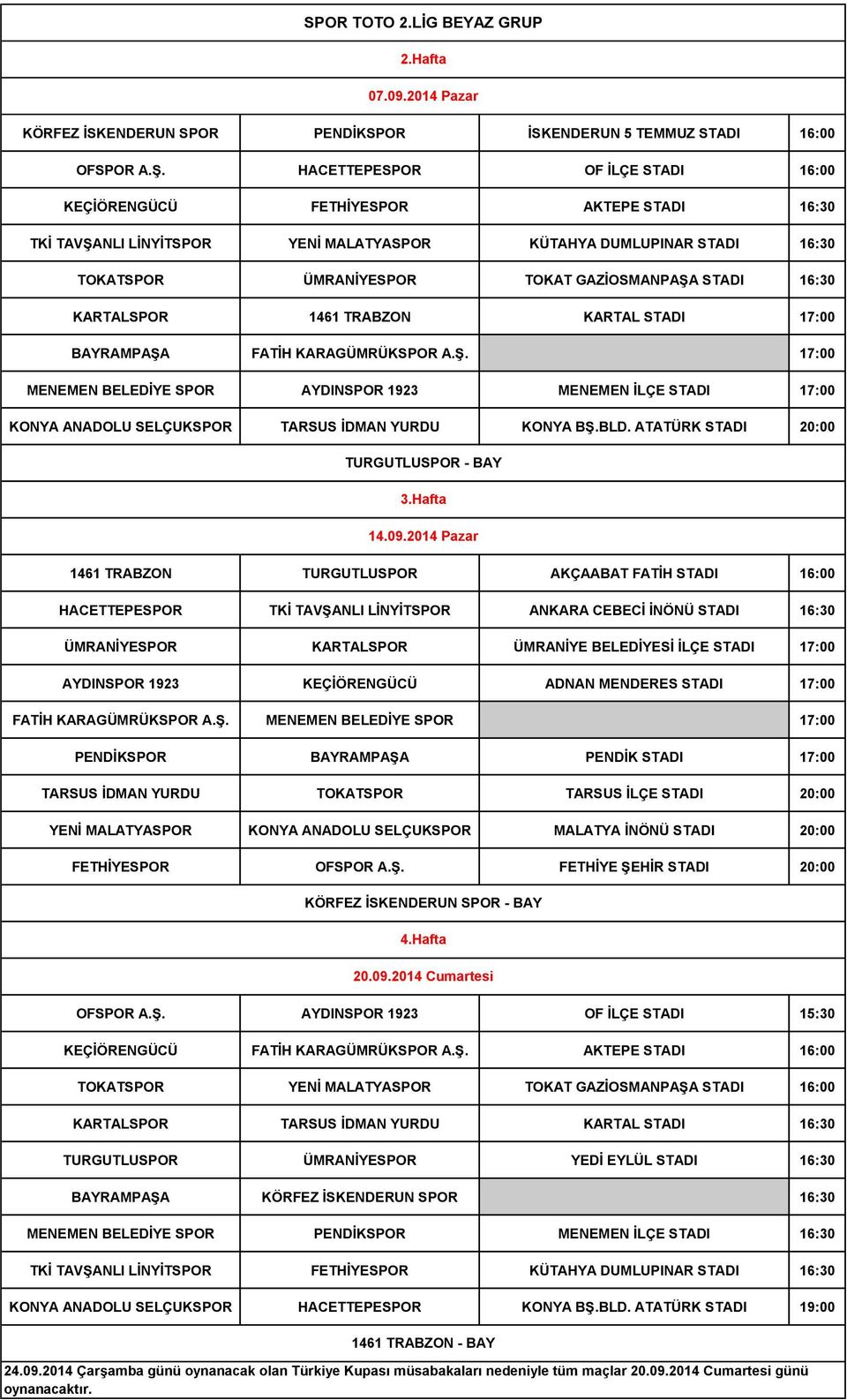 16:30 KARTALSPOR 1461 TRABZON KARTAL STADI 17:00 BAYRAMPAŞA FATİH KARAGÜMRÜKSPOR A.Ş. 17:00 MENEMEN BELEDİYE SPOR AYDINSPOR 1923 MENEMEN İLÇE STADI 17:00 KONYA ANADOLU SELÇUKSPOR TARSUS İDMAN YURDU KONYA BŞ.