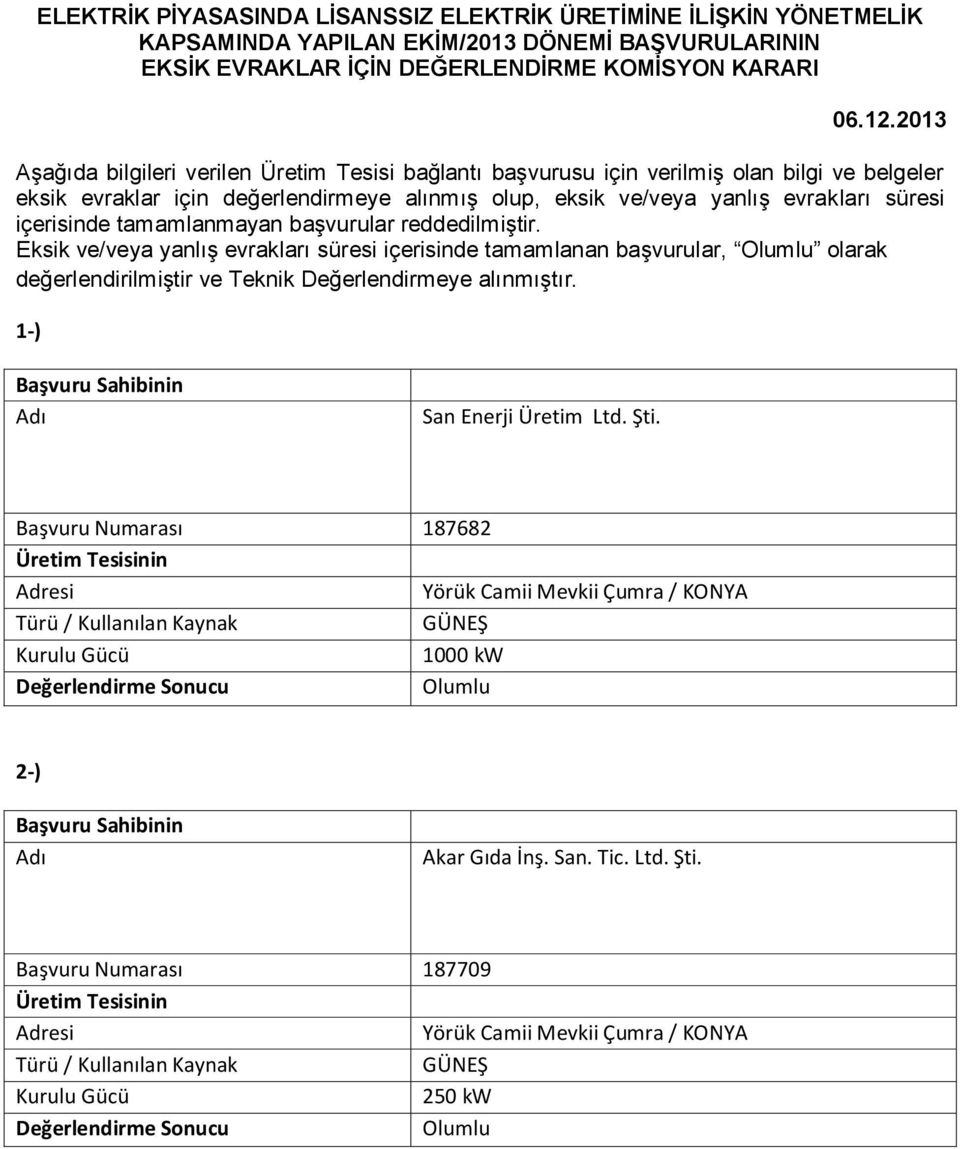 süresi içerisinde tamamlanmayan başvurular Eksik ve/veya yanlış evrakları süresi içerisinde tamamlanan başvurular, olarak değerlendirilmiştir ve Teknik Değerlendirmeye alınmıştır.