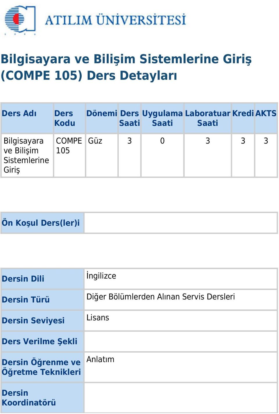 3 0 3 3 3 Ön Koşul Ders(ler)i Dersin Dili Dersin Türü Dersin Seviyesi İngilizce Diğer Bölümlerden