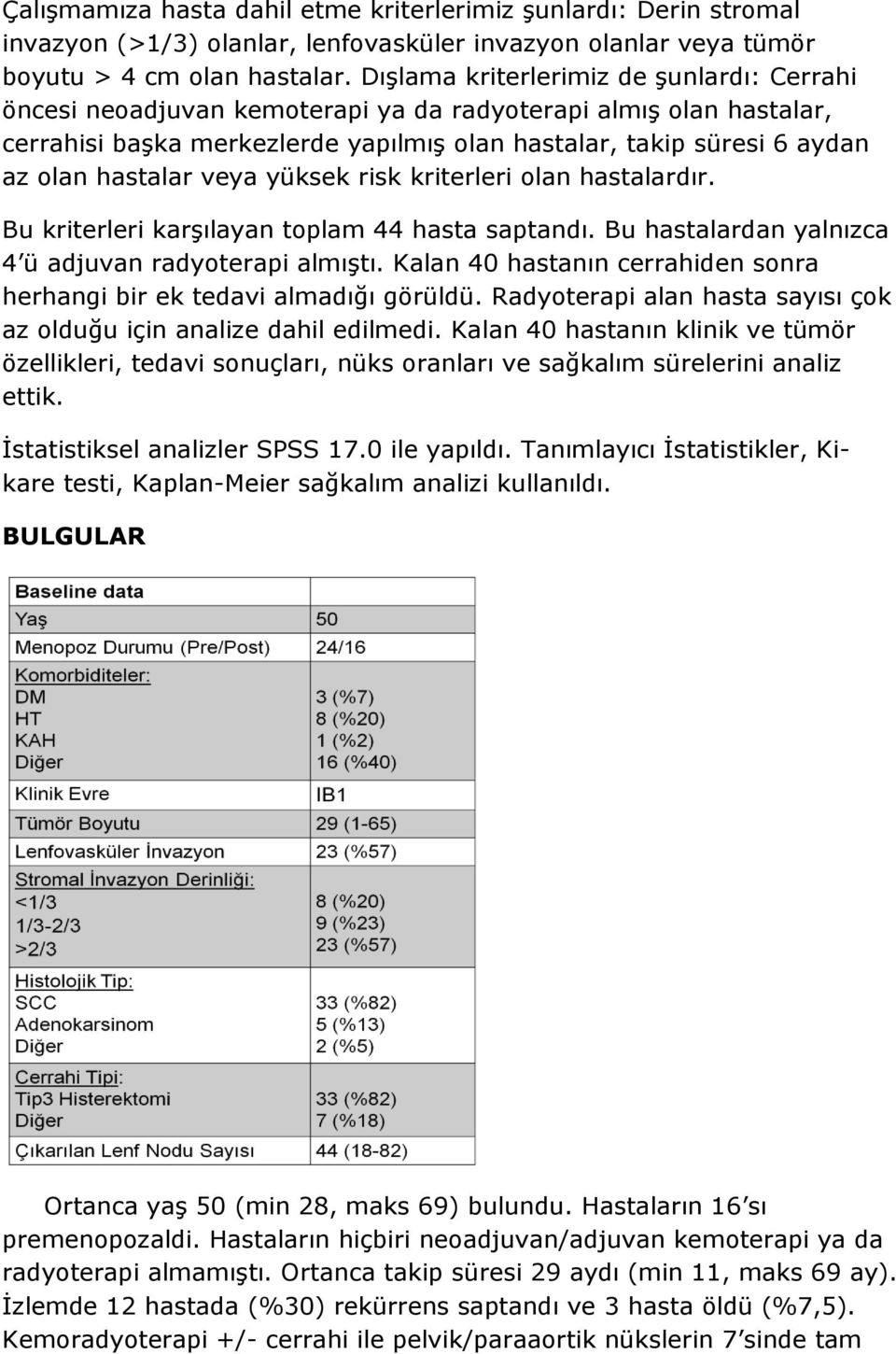 hastalar veya yüksek risk kriterleri olan hastalardır. Bu kriterleri karşılayan toplam 44 hasta saptandı. Bu hastalardan yalnızca 4 ü adjuvan radyoterapi almıştı.