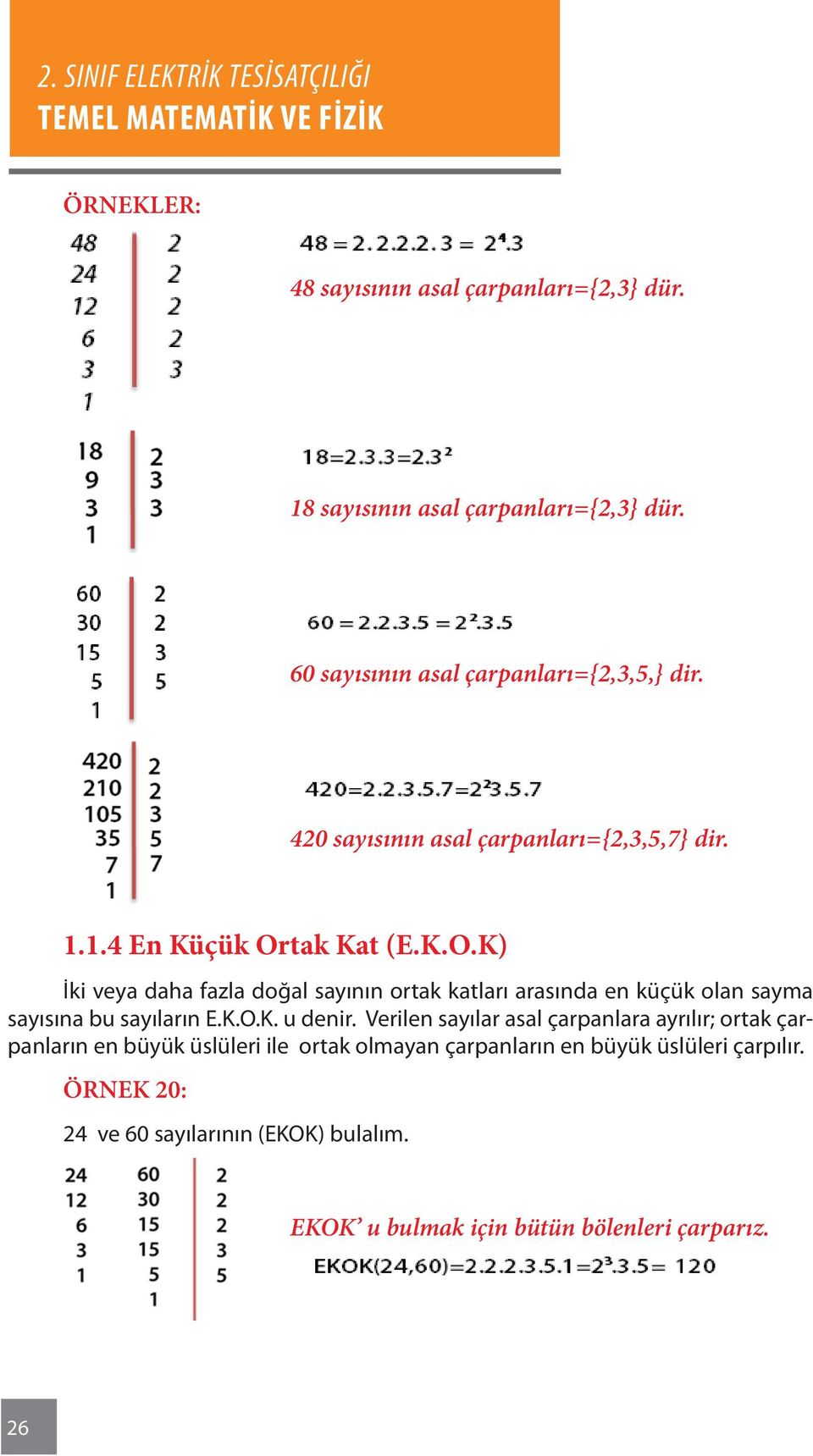 tak Kat (E.K.O.K) İki veya daha fazla doğal sayının ortak katları arasında en küçük olan sayma sayısına bu sayıların E.K.O.K. u denir.