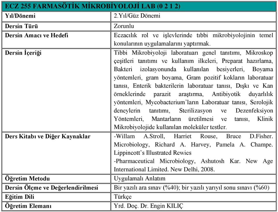 Gram pozitif kokların laboratuar tanısı, Enterik bakterilerin laboratuar tanısı, Dışkı ve Kan örneklerinde parazit araştırma, Antibiyotik duyarlılık yöntemleri, Mycobacterium ların Laboratuar tanısı,