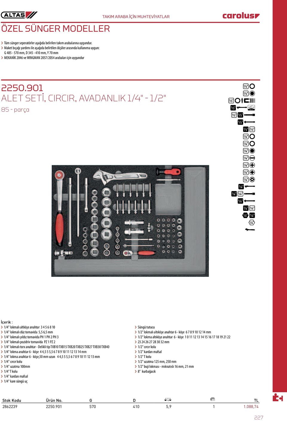 2250.90 ALET SETİ, CIRCIR, AVADANLIK /4" - /2" 85 - parça /4" lokmalı altköşe anahtar 3 4 5 6 8 0 /4" lokmalı düz tornavida 5,5 6,5 mm /4" lokmalı yıldız tornavida PH PH 2 PH 3 /4" lokmalı pozidriv